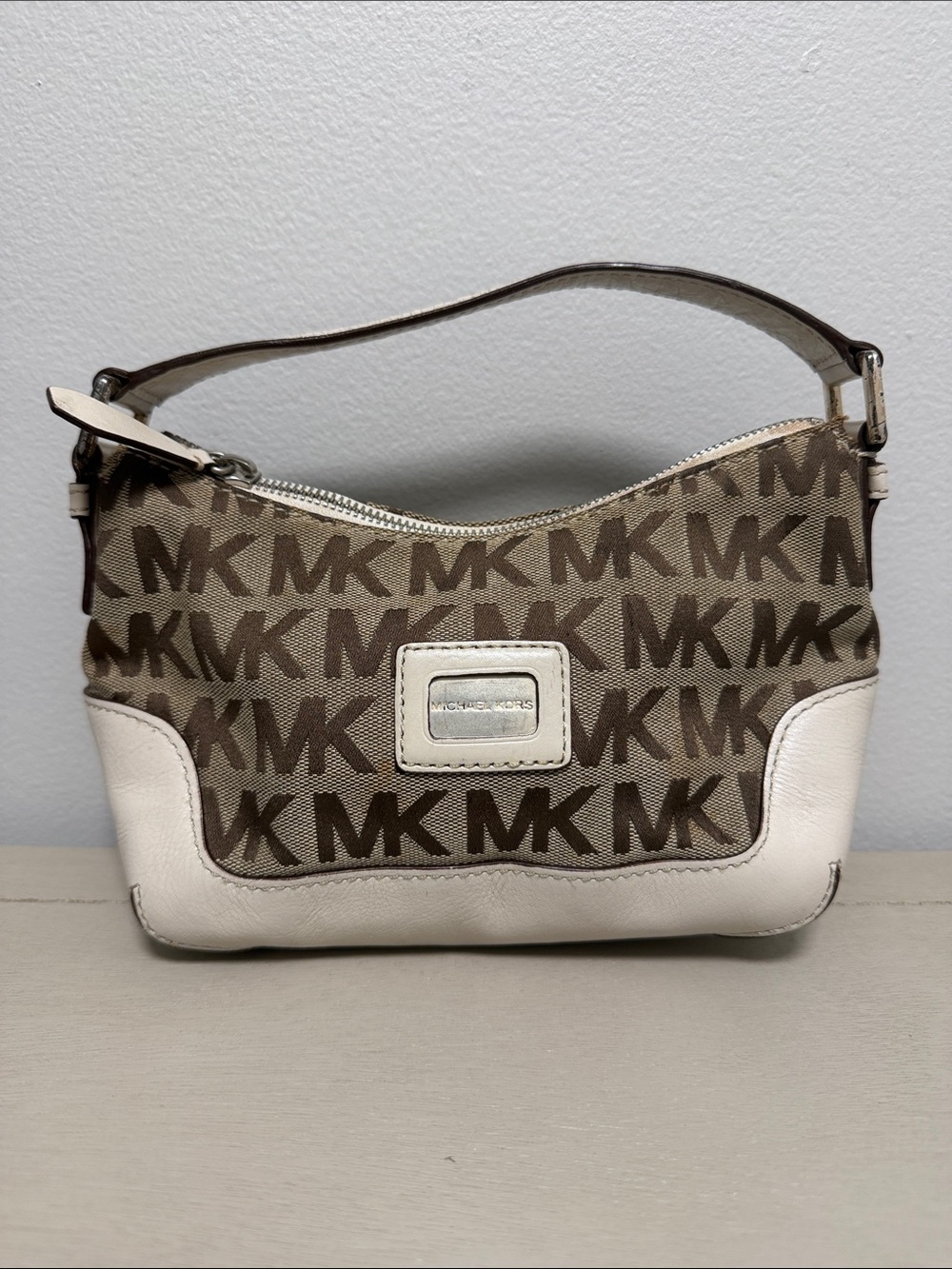 Michael Kors Monogram Jacquard Mini Shoulder Bag Y2K White Leather Trim Purse
